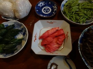 新生姜の梅酢漬け　ウドの味噌漬け　水菜