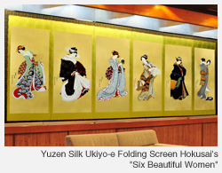 Yuzen Silk Ukiyo-e Folding Screen  Hokusai's "Six Beautiful Women"